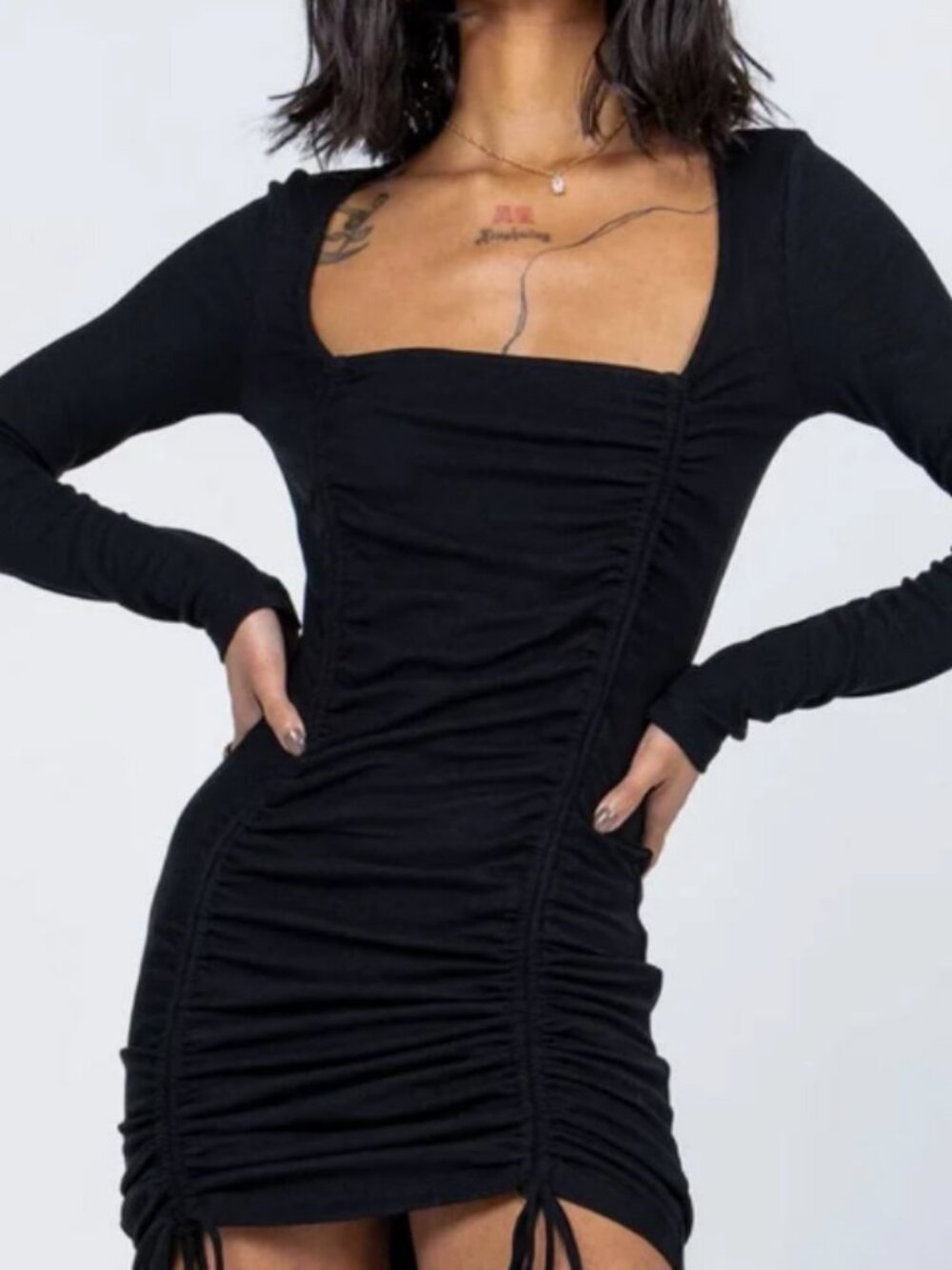 Princess Polly Black Ruched Mini Dress US 6 Long Sleeve Square Neck Drawstring